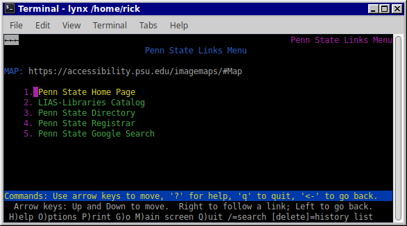 A screenshot of a Linux terminal window running a text-based web browser. The window renders a list of links extracted from an image map.